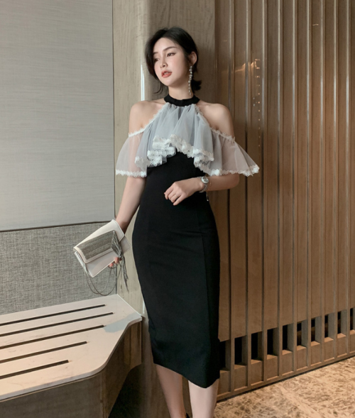2021 Korean Summer Women's Fashion Strapless Ruffled Lace Mesh Dress