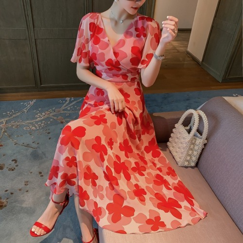 2021 Summer Woman Red High Waist Chiffon Dress Long Casual Floral